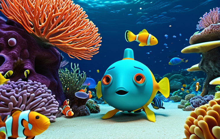 **
A vibrant coral reef teeming with colorful fish and other marine life. The Octonauts' Gup-A submarine is visible, with Captain Barnacles and Peso observing a clownfish. Focus on the biodiversity and beauty of the coral reef ecosystem. Style: Children's animation, bright colors, detailed coral textures.
**