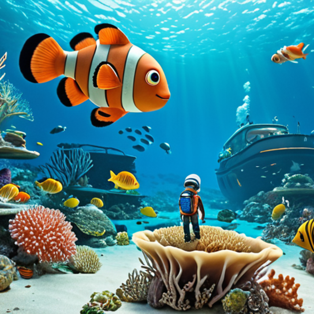 A vibrant and educational scene featuring the Octonauts exploring a coral reef with various sea creatures. Emphasize the team working together to protect marine life and clean up pollution. Include a child observing with wonder, inspired to recycle and care for the environment.