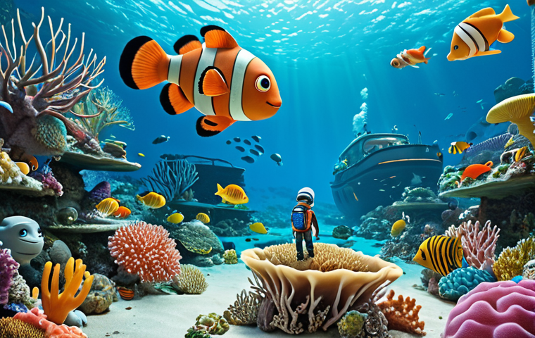 A vibrant and educational scene featuring the Octonauts exploring a coral reef with various sea creatures. Emphasize the team working together to protect marine life and clean up pollution. Include a child observing with wonder, inspired to recycle and care for the environment.